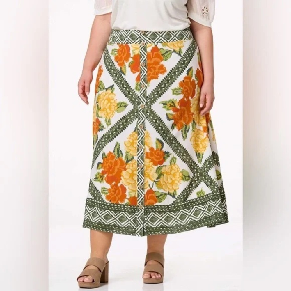 Cato | PLUS SIZE CITRUS FLORAL SKIRT BURNT OCHRE